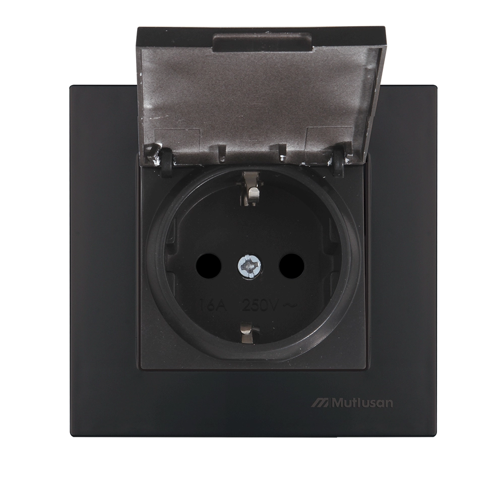 Единичен контакт с капак 16A Черен Rita Mutlusan